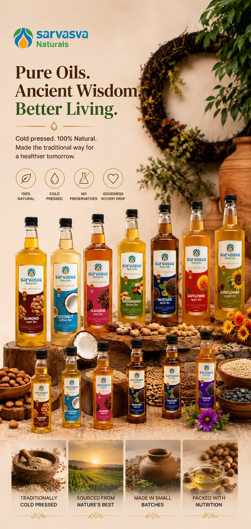 Sarvasva Naturals cold pressed oils — the full range of eight oils in glass bottles, with the seeds each is pressed from