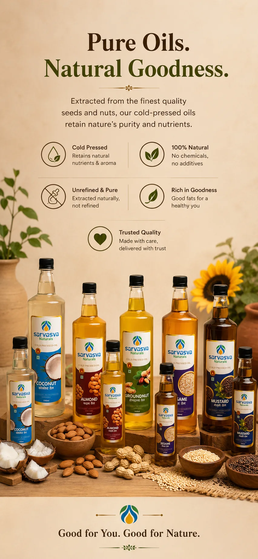 The Sarvasva Naturals range — coconut, almond, groundnut, sesame and mustard oils in two bottle sizes, beside the seeds each is pressed from